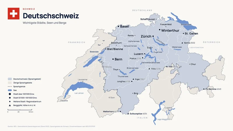 Karte der Deutschschweiz mit den wichtigsten Städten, Seen und Bergen
