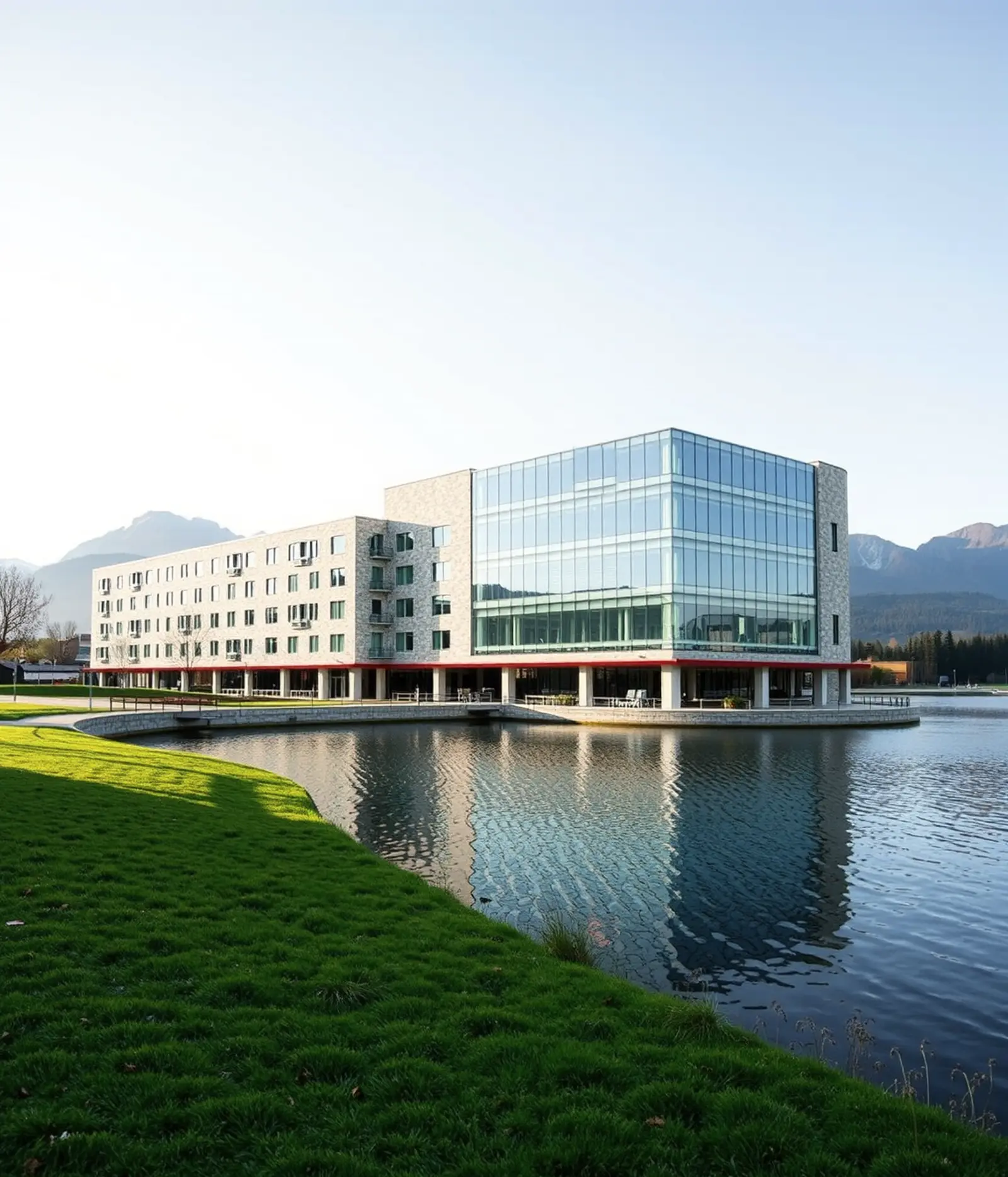 Ein modernes Spitalgebäude aus Glas und Stein an einem ruhigen See, im Hintergrund die Berge
